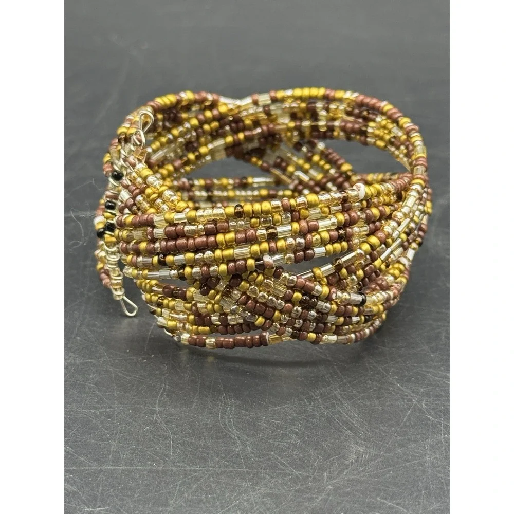 Boho Copper Cuff Bracelet + Multi Strand Seed Bead Bracelet Set Artisan Stack